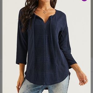 COPY - Women’s Navy Embroidered Notch Neck Hi-Low Tunic by Suzanne Betro Weekend